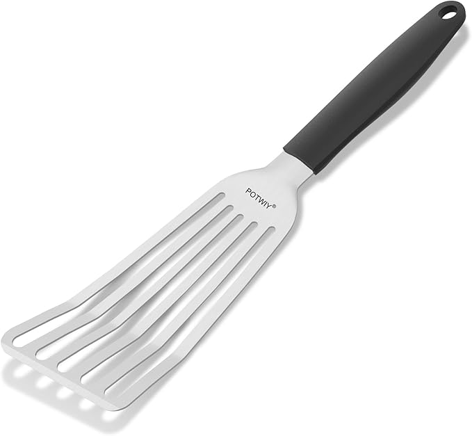 POTWIY Fish Spatula Stainless Steel, 2 Pcs Metal Spatula Set for Kitchen and Grilling, Slotted Turner with Silicone Handle for Cast Iron Skillet, Cooking Utensils for Fish, Burger, Egg, 13.5" & 11.6"