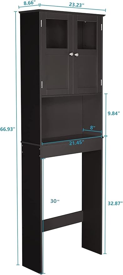 Bonnlo Over The Toilet Storage Cabinet Bathroom Behind Toilet Shelf Towel Storage Freestanding Organizer Space Saver with Double Door Glass Window Cabinet Tower with Adjustable Shelf (Brown)