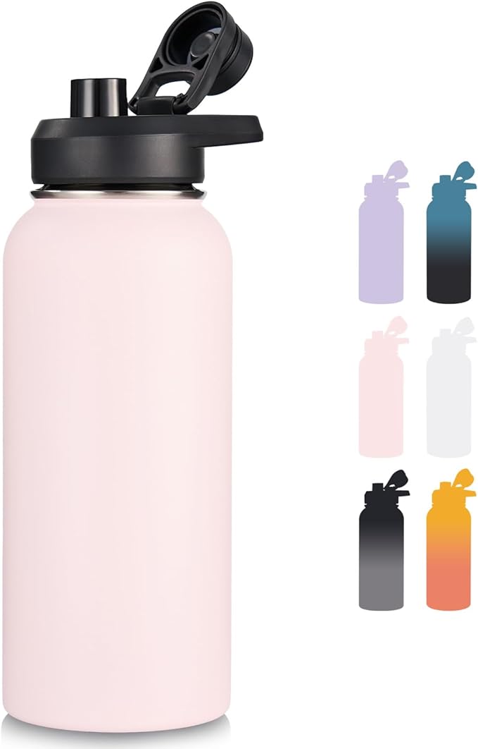 32 oz Insulated Water Bottle with Handle, 304 Stainless Steel Water Bottles with Wide Mouth, Double Wall Vacuum Sports Water Bottle, BPA Free, Keep Cold and Hot, Pink