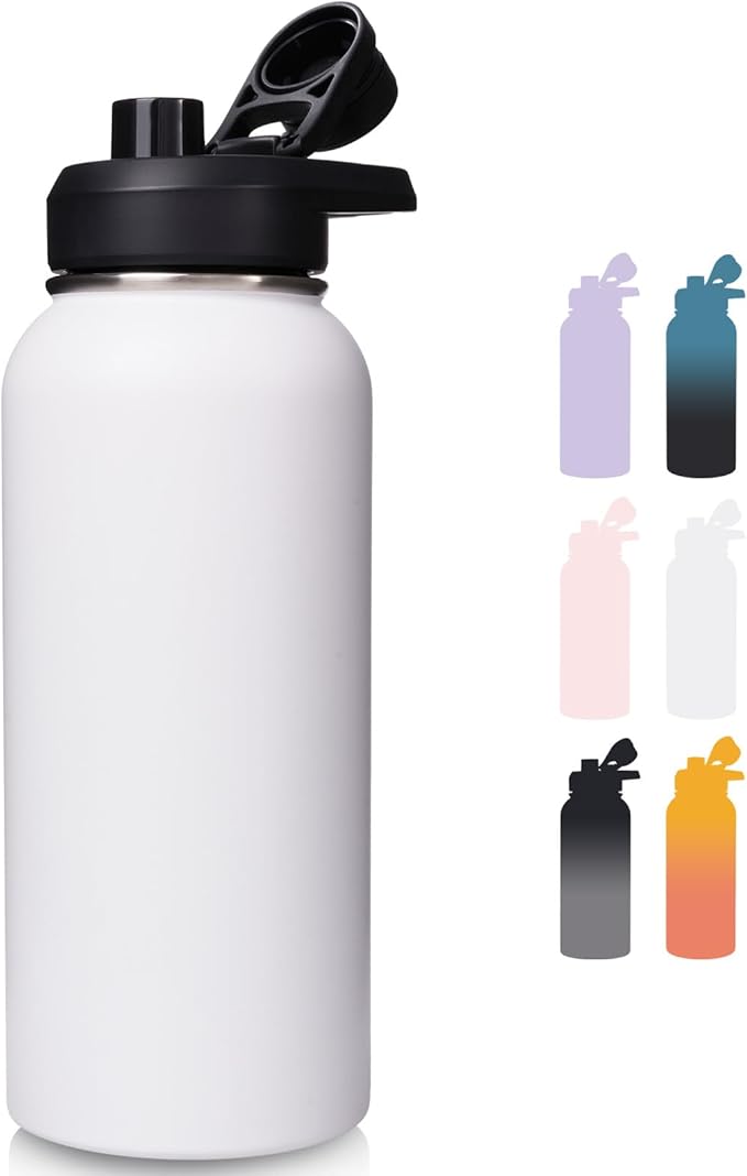 32 oz Insulated Water Bottle with Handle, 304 Stainless Steel Water Bottles with Wide Mouth, Double Wall Vacuum Sports Water Bottle, BPA Free, Keep Cold and Hot, White