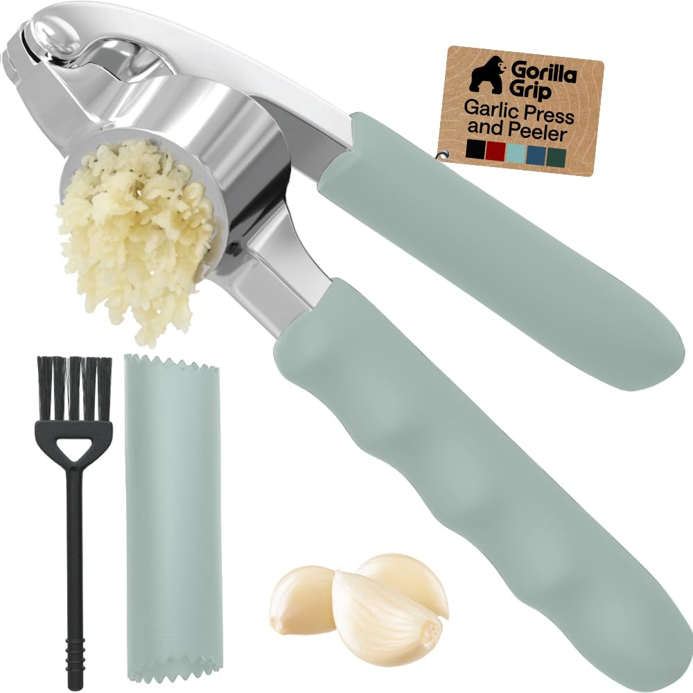 GORILLA GRIP Garlic Peeler and Press Set, Heavy Duty Mincer, Red