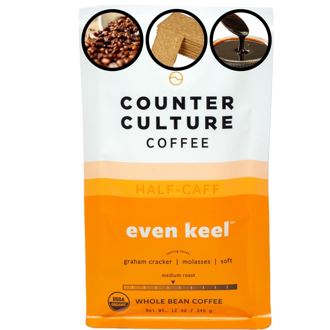 Counter Culture Whole Bean Organic Coffee Half-Caff (Even Keel - Light Roast) Graham Cracker & Molasses - Sustainably Sourced - B Corp - Organic Coffee Beans - Kosher, Gluten Free, Nut Free - 12oz Bag