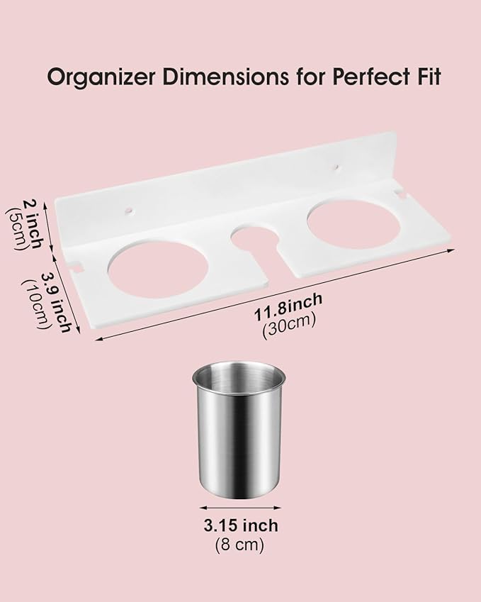 Hair Tool Organizer, Hair Dryer Holder with Heatproof Steel Cups, Acrylic Vanity Organizer for Curling Iron, Flat Iron & Hair Brushes, Perfect for Bathroom (White, Compact)