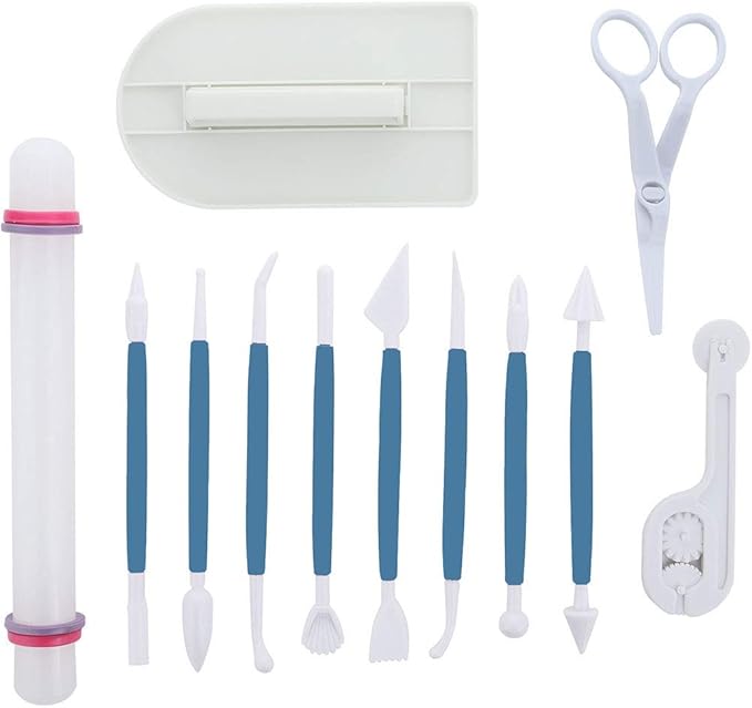 ScivoKaval Marshmallow Fondant Cake Decorating Hand Tool 12 Pcs 5 Sets Sugarcraft Gumpaste Icing Smoother Rolling Pin Trimmer Cutter Embosser Flower Scissor Modelling Accessories Supplies Kit Red