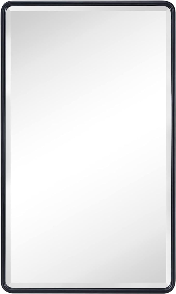 TEHOME Farmhouse Black Metal Framed Recessed Bathroom Medicine Cabinets with Mirror Rounded Rectangle Medicine Cabinet with BeveledMirros,16.5x27.5''
