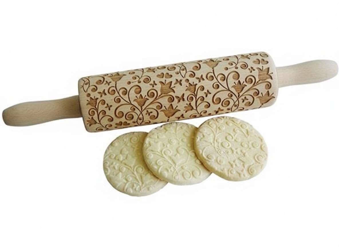 Rolling pin FLOWERS. Wooden embossing rolling pin with Oriental flowers. Embossed cookies. Pottery. Birthday gift. Gift for mother