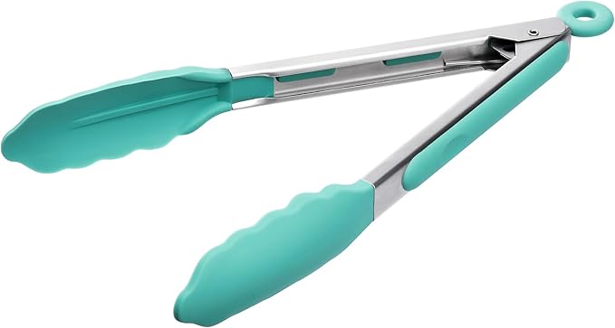 Doosu Kitchen Tongs with Silicone Tips for Cooking Serving (16in, Aqua Sky)