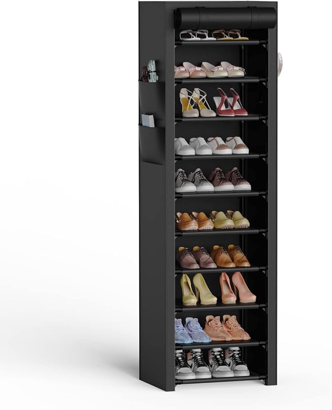 VTRIN Vertical Narrow Shoe Rack Organizer 10 Tier Tall Shoe Shelf Holds 20-22 Pairs with Non-Woven Dustproof Cover for Closet, Entryway Black