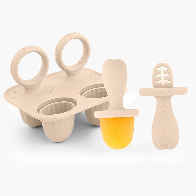 Silicone Baby Ice Pop Molds with Easy-Grip Handles, 4-Cavity Frozen Food Feeder Tray for Toddlers, Mini Popsicle Maker for Feeding Stage, Fruit Puree & Breast Milk Snacks(Light Pink)