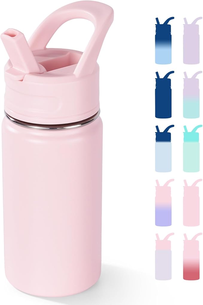 12oz Kids Water Bottle for School, Toddler Bottles with Straws, Stainless Steel Vacuum Insulated Water Bottle for Boys&Girls, Leak-Proof, BPA-Free, Pink