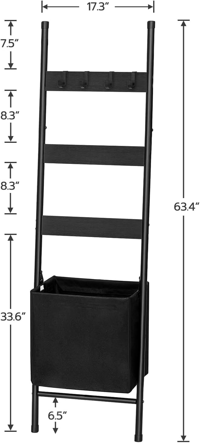 HOOBRO Blanket Ladder with Basket, 17.3”L x 63.4”H, Towel Rack with Hooks, Blanket Holder Rack, Decorative Ladder Shelf, Drying and Display Rack for Bathroom, Living Room, Black BB31CJ01