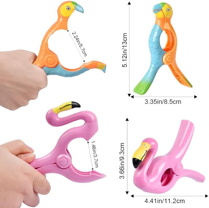 Beach Towel Clips, Sopito Jumbo Size Towel Clips for Beach Chairs Cruise Patio and Pool Accessories, Set of 4 (Pink Orange Flamingo Parrot)