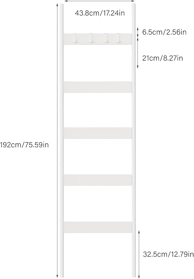 Blanket Ladder, 5-Tier Towel Holder with 4 Removable Hooks, Farmhouse Wall Leaning Decorative Rack Shelf, Wooden Towel Display Rack, Quilt Ladder for Living Room, Bedroom, White
