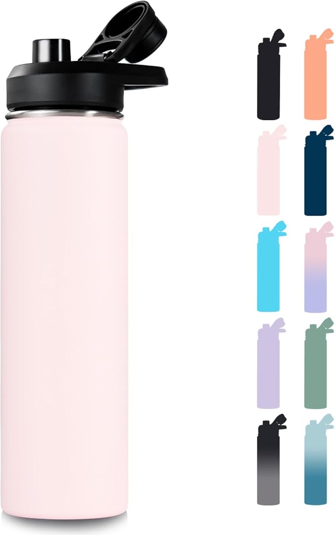 24 oz Insulated Water Bottle with Handle, 304 Stainless Steel Water Bottles with Wide Mouth, Double Wall Vacuum Sports Water Bottle, BPA Free, Keep Cold and Hot, Pink