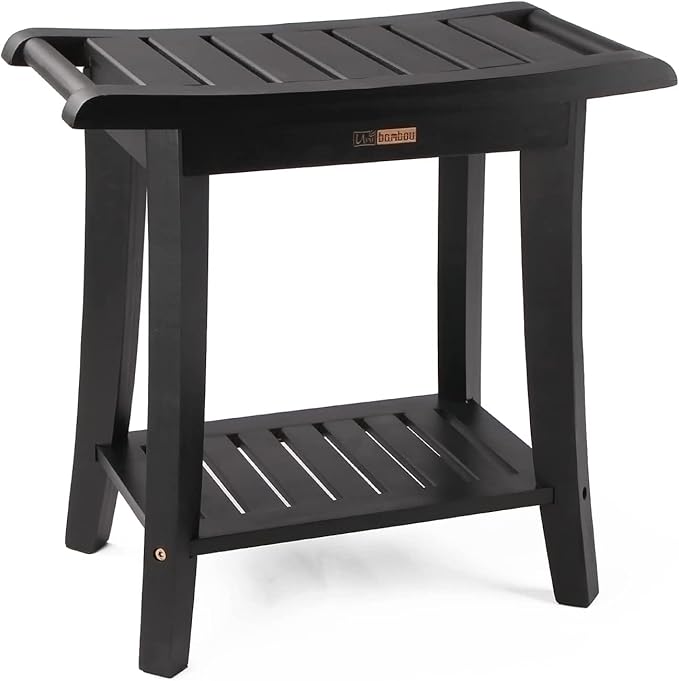 Bamboo Shower Bench Inside Shower Stool with Storage Shelf, Spa Bath Chair for Bathroom, Seat or Organizer for Living Room, Bedroom and Garden - Great for All Ages Unisex Elderly, Black