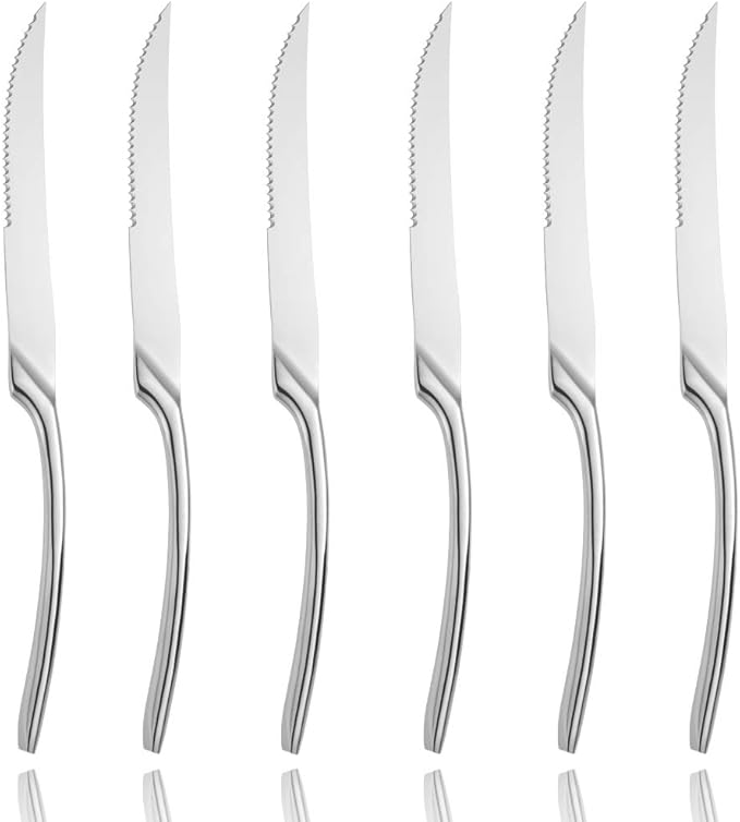 Lemeya Stainless Steel Steak Knives Set of 6,Forge Steak Knife,Serrated Steak Knives Set,6 Piece Heavy Steak Knives-10 inch,Mirror Polished,Dishwasher Safe (Black, 6 Pieces Set)