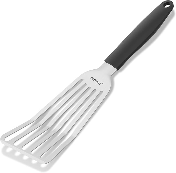 POTWIY Fish Spatula Stainless Steel, 2 Pcs Metal Spatula Set for Kitchen and Grilling, Slotted Turner with Silicone Handle for Cast Iron Skillet, Cooking Utensils for Fish, Burger, Egg, 13.5" & 11.6"