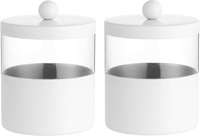 Gaussra White Apothecary Jars, White Qtip Holder - Stainless Steel Bathroom Jar with Stickers - Farmhouse Decor Qtip Dispenser for Qtips, Cotton Balls, Swabs, Makeup Sponges (2-Pack)