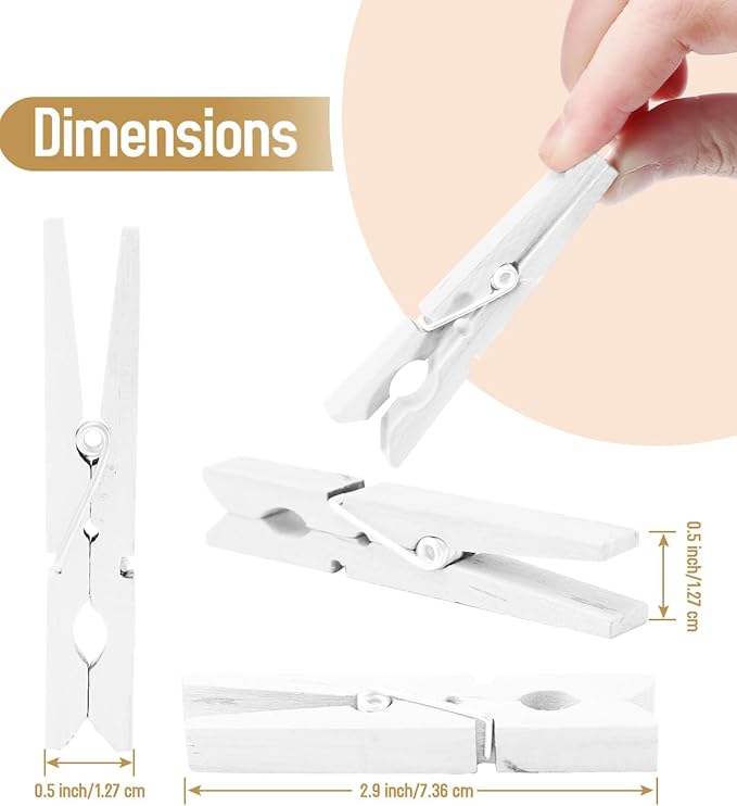 100 Pack White Clothespins 2.9 Inch, Heavy-Duty Wood Rust-Resistant Clothes Pins, Solid Birch Clips for Laundry, Photo Wall Displays, Craft Projects & Classroom Decoration
