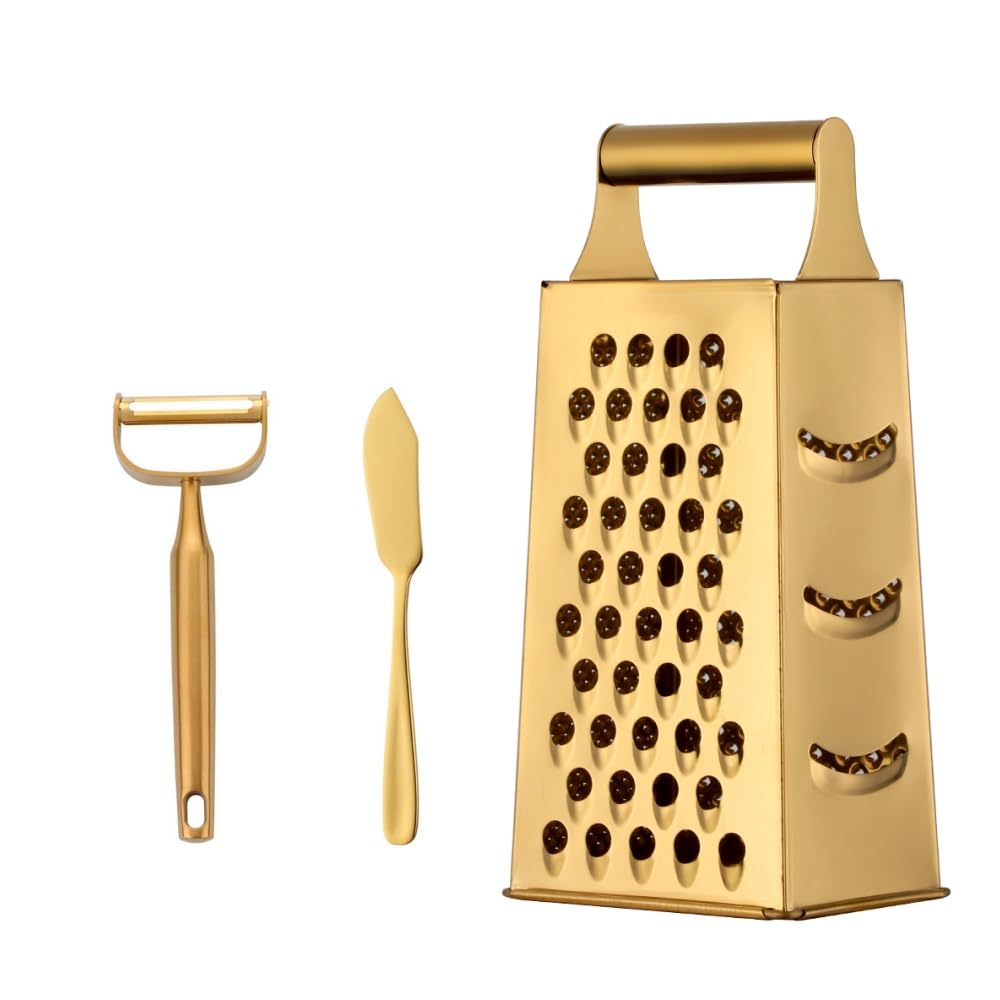 TEAHAHA 4 Sides Box Grater For Kitchen,Stainless Steel Cheese Grater With Handle,Multi-Function Vegetable Slicer Food Shredder For Chees,Ginger,Vegetables,Dishwasher Safe, Gold