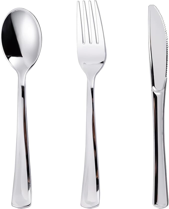 N9R 200PCS Silver Plastic Silverware, Disposable Utensils & Cutlery