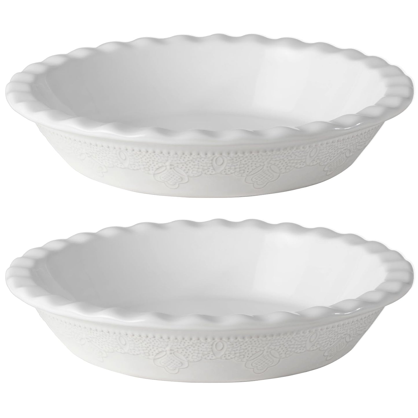 Fun Elements Pie Pan, 9 Inch Ceramic Pie Dish, Deep Dish Pie Pan with Lace Emboss, Ruffled Pie Plate for Baking, Thanksgiving Christmas Gifts, Set of 2, White