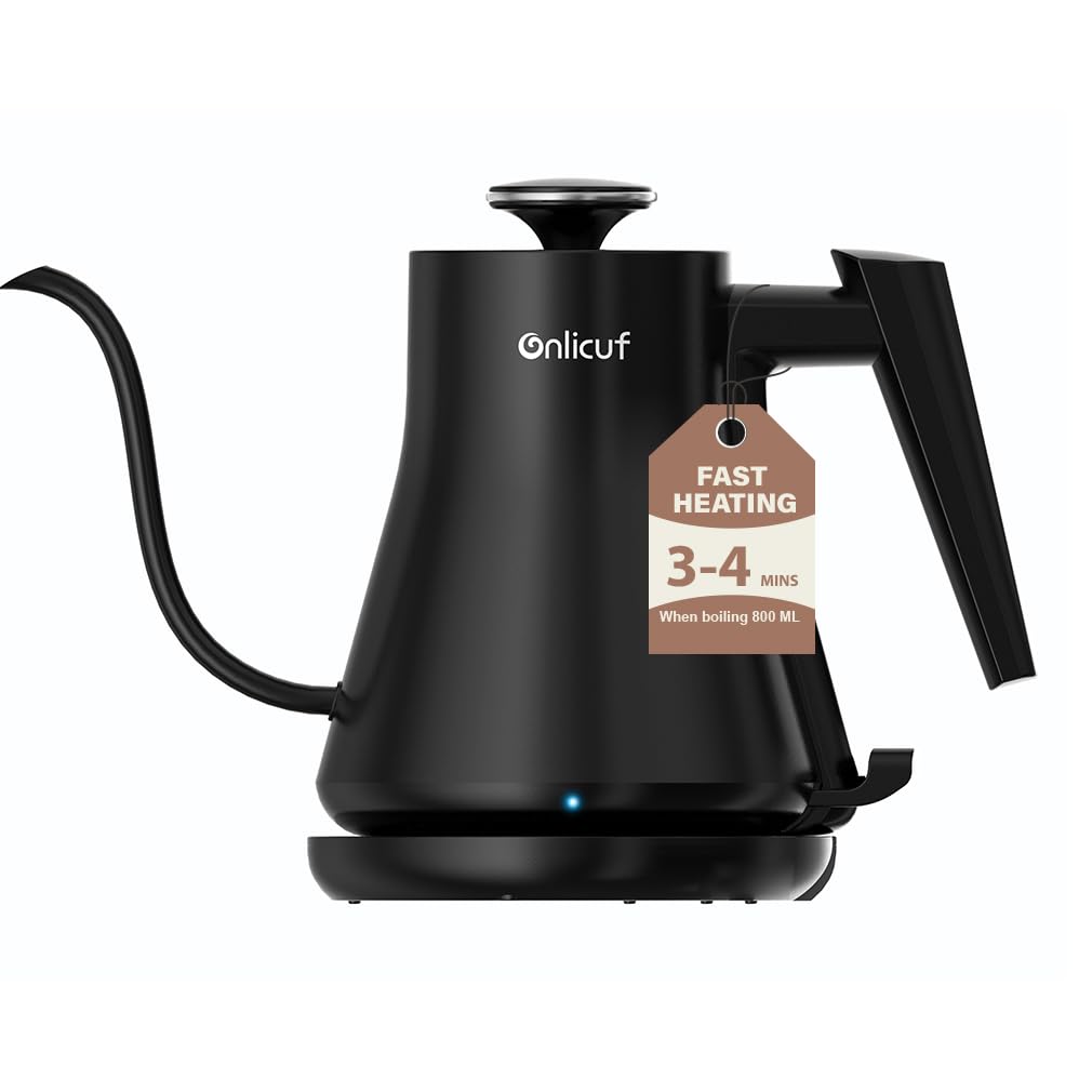 Onlicuf Gooseneck Electric Kettle 0.8L (27oz) - 1000W Rapid Fast Boiling Tea Kettle with Auto Shut Off & Boil-Dry Protection, Stainless Steel Leak-Proof Water Boiler for Pour Over Coffee, Black