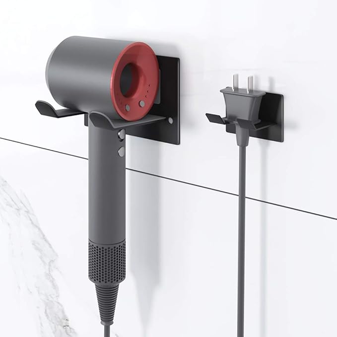 Self Adhesive Hair Dryer Holder Wall Mounted - Adhesive Bathroom Hair Blow Dryer Rack Organizer Compatible with Supersonic Hair Dryers (Black)