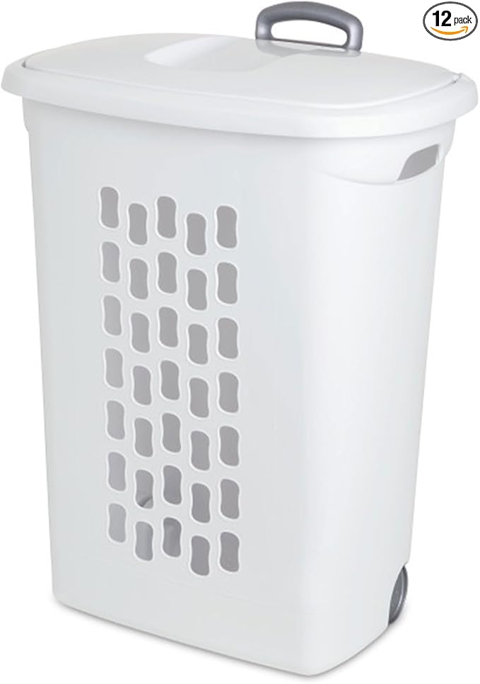 Sterilite 9-Pack Ultra Wheeled Hamper, Laundry Basket w/Flip-Top Lid & Retractable Handle - Plastic Rolling Clothes Storage Cart with Ventilated Holes for Home, Apartment or Dorm