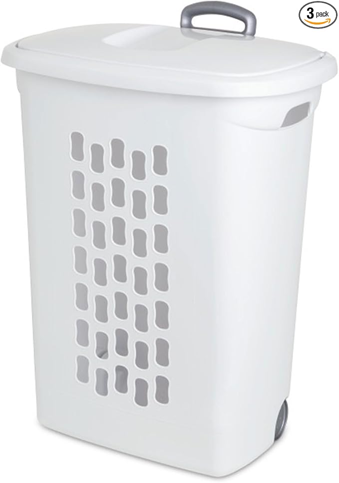 Sterilite 6-Pack Ultra Wheeled Hamper, Laundry Basket w/Flip-Top Lid & Retractable Handle - Plastic Rolling Clothes Storage Cart with Ventilated Holes for Home, Apartment or Dorm