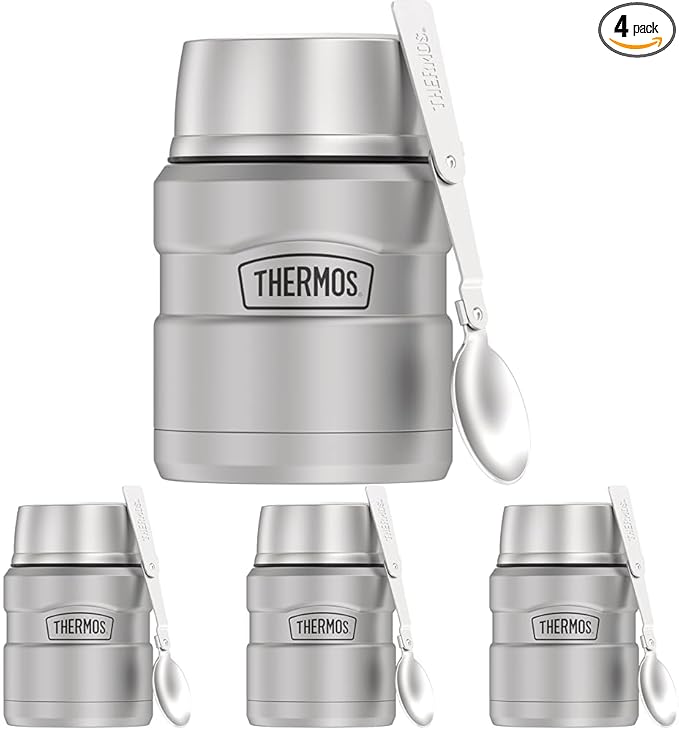 THERMOS Stainless King Vacuum-Insulated Food Jar with Spoon,16 Ounce,Matte Stainless Steel,(Pack of 4)