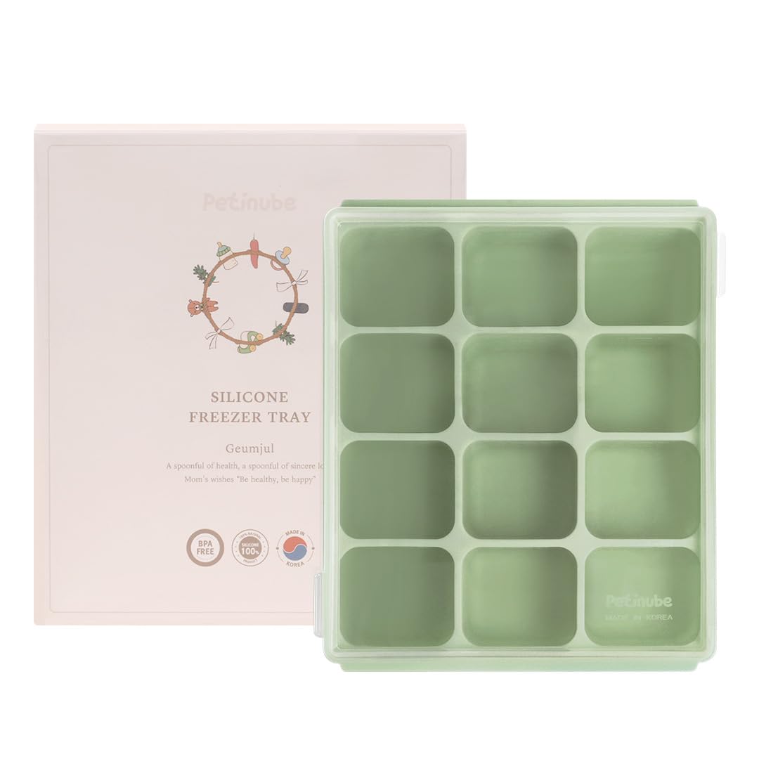 PETINUBE Silicone Freezer Tray, Baby Food Storage Cubes with Clip-On Lid, Freeze Baby Food, Soups, Purees, Ice, Easy and Safe Design, Made in Korea (12, Celadon Green)