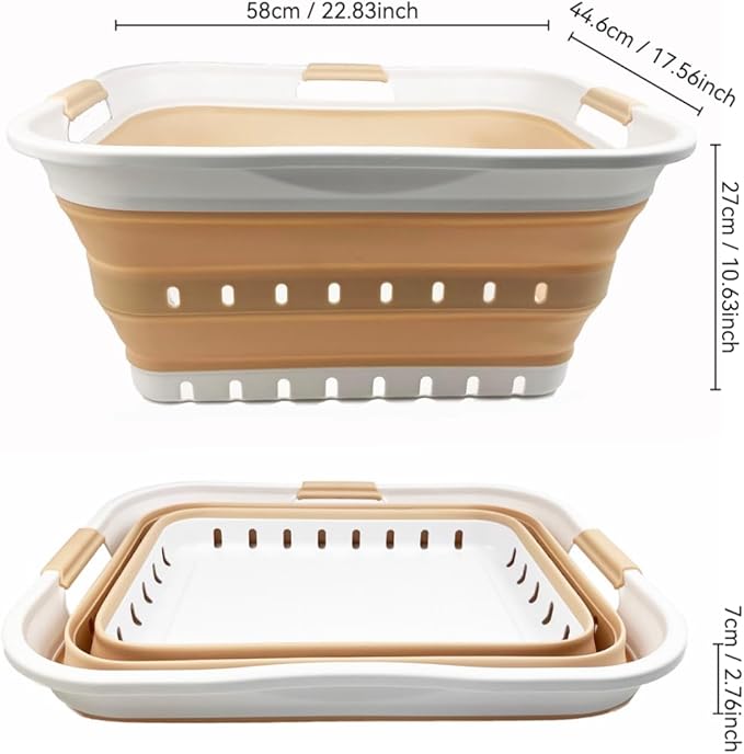 SAMMART 42L (11 gallon) Collapsible Plastic Laundry Basket - Foldable Pop Up Storage Container/Organizer - Portable Washing Tub - Space Saving Hamper/Basket (White/Latte)