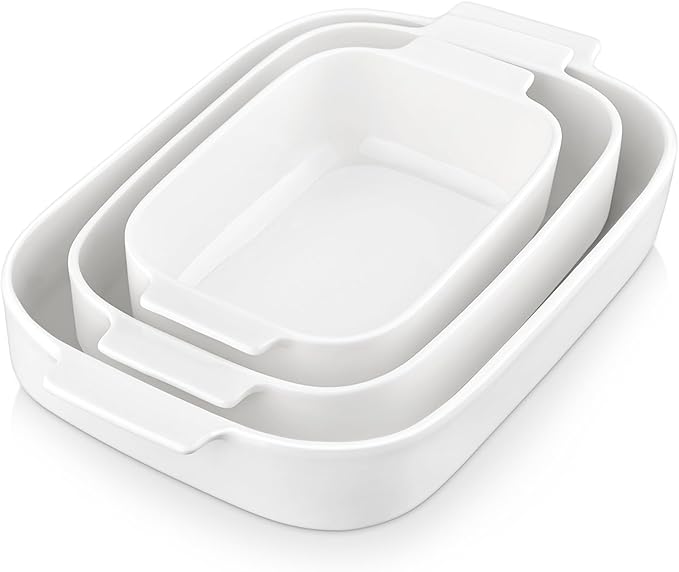 MALACASA Ceramic Casserole Dishes Set of 3, Red Trim Baking Dish for Oven