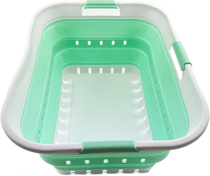 SAMMART 42L (11 gallon) Collapsible Plastic Laundry Basket - Foldable Pop Up Storage Container/Organizer - Portable Washing Tub - Space Saving Hamper/Basket (White/Pale Jade)