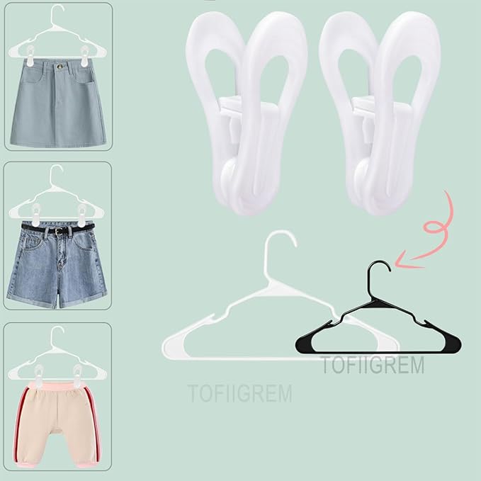White Hanger Clips 50 Pack, Multi-Purpose Plastic Hangers Clips Perfect for Plastic Clothes Hangers, Clothes Pins Finger Clip for Skirt Pants Hangers