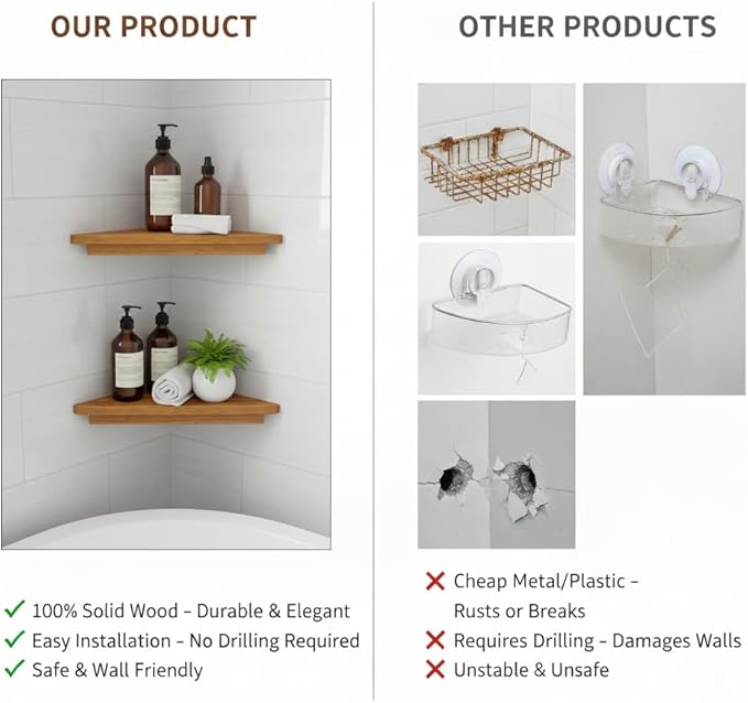 Wooden Corner Shower Shelf Triangular Corner Shelf Wooden Bathroom Shelf for Tiled Wall, 2 Pack Shower Corner Shelf, No Drilling Requied