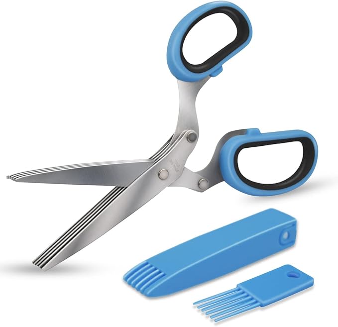 5 Blade Herb Scissors Kitchen Herb Shears Cutter Multipurpose Cutting Shear with 5 Stainless Steel Blades & Safety Cover & Cleaning Comb Salad Sizzors Cilantro Chive Parsley Onion Scissors (Black Red)