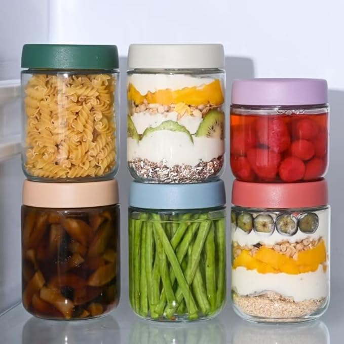 Overnight Oats Containers with Lids 16 oz Glass Jars 6 Pack Glass Mason Jars with Airtight Lids, Perfect for Oats, Yogurt, Chia Pudding