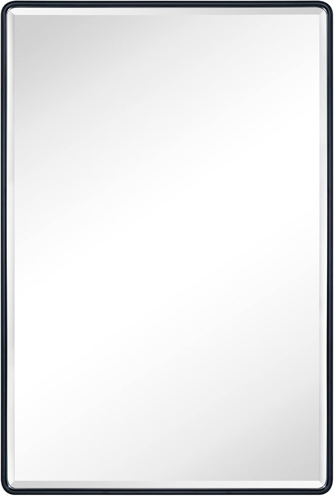 TEHOME Farmhouse Matt Black Recessed Bathroom Medicine Cabinet with Mirror Rounded Rectangle Metal Framed Medicine Cabinet with Beveled Mirror 24x36''