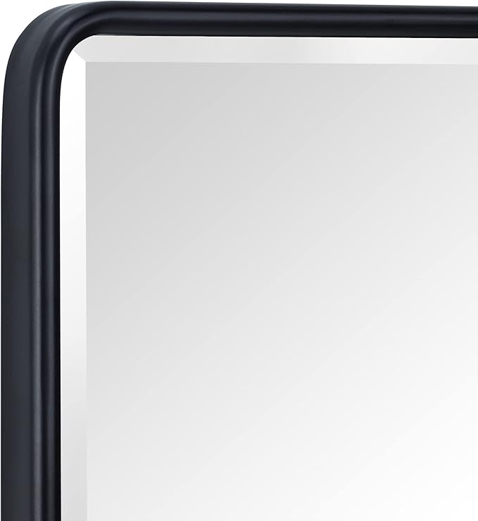 TEHOME Farmhouse Matt Black Recessed Bathroom Medicine Cabinet with Mirror Rounded Rectangle Metal Framed Medicine Cabinet with Beveled Mirror 24x36''