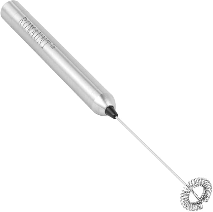 ROMAUNT Handheld Milk Frother Electric Battery Operated Portable Milk Foamer for Coffee Latte 304 Stainless Steel Whisk with Protective Case, Mix Spoon for Traveling or Camping