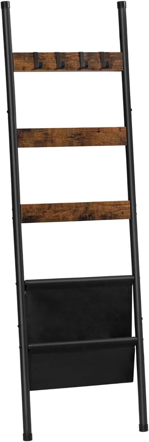 HOOBRO Blanket Ladder, 5 Tier Towel Rack, 17.3" L x 63" H, Wall-Leaning Blanket Rack for Living Room, Decorative Ladder with 4 Hooks and Magazine Pocket, Rustic Brown BF32CJ01