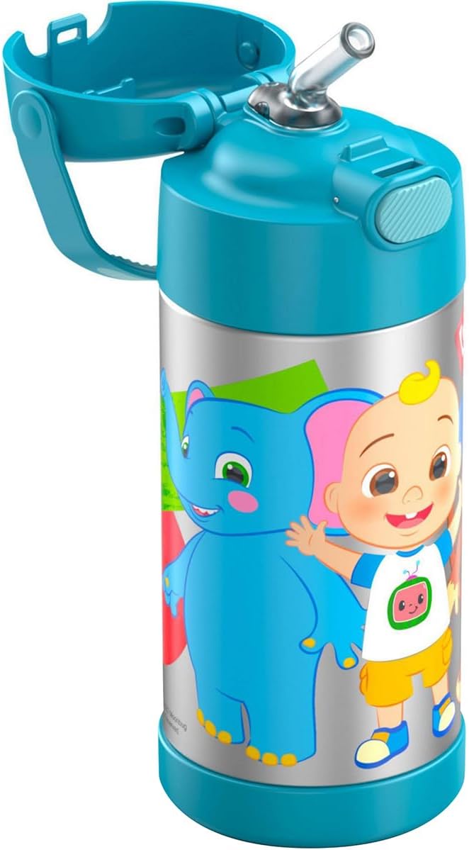THERMOS FUNTAINER Water Bottle with Straw - 12 Ounce - Kids Stainless Steel Vacuum Insulated Water Bottle with Lid, Cocomelon