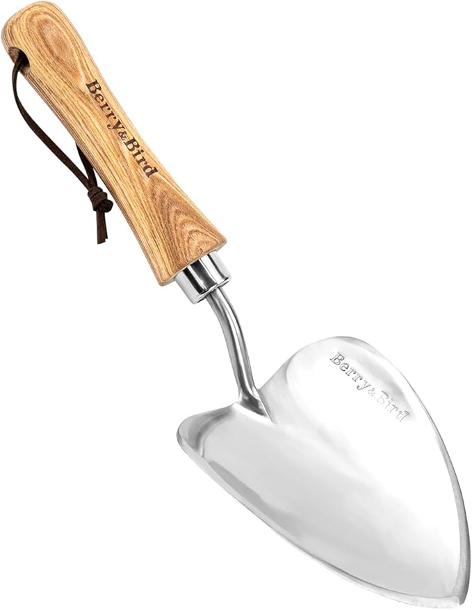 Berry&Bird Potting Trowel, Stainless Steel Serrated Hand Shovel, Wood Handle Garden Trowel Tool with Measuring Scale for Effortless Digging,Roots，Planting, Cutting and Transplanting