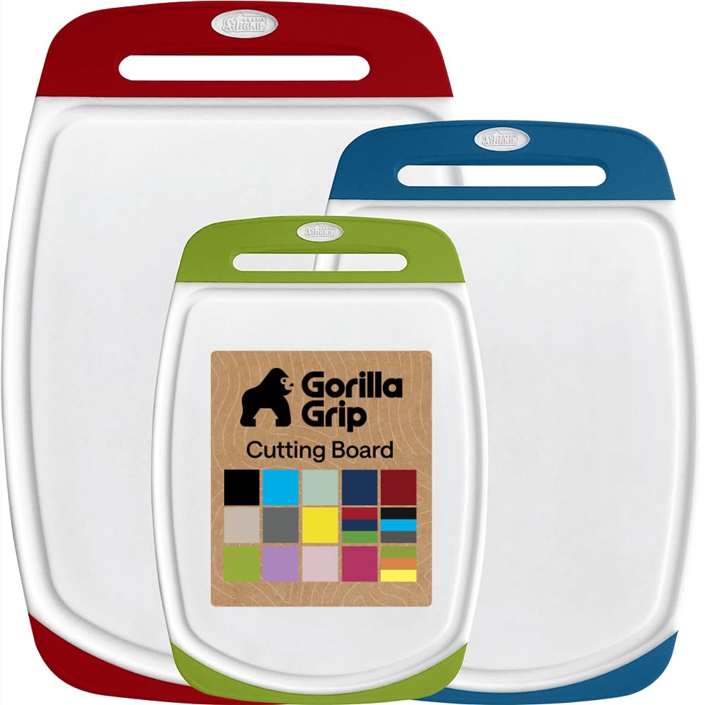 GORILLA GRIP BPA-Free Reversible Kitchen Cutting Board, Set of 3, Red