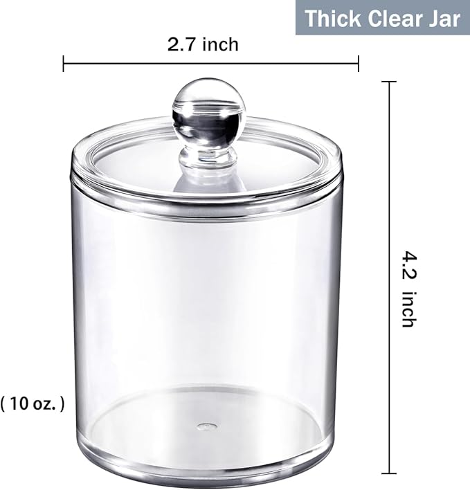 SheeChung Clear Acrylic Qtip Holder with Labels–Shatterproof Plastic Apothecary Jars for Bathroom Organization–Vanity Cotton Swab Holder Canisters for Cotton Balls, Pads, Floss Picks-Minimalist Decor