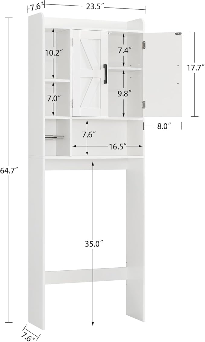 TEENFON Over The Toilet Storage Cabinet with 4 Open Shelves and Adjustable Shelf, Extra Tall Bathroom Organizer Unit with 2 Barn Doors, Home Space Saver for Bathroom, Laundry Room, White