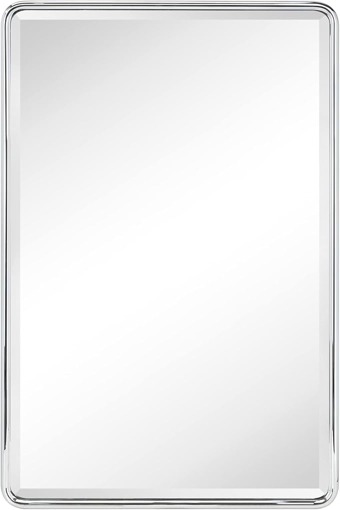 TEHOME Farmhouse Chrome Metal Framed Recessed Bathroom Medicine Cabinet with Mirror Rounded Rectangle Medicine Cabinet with Beveled Mirror, 16x24''