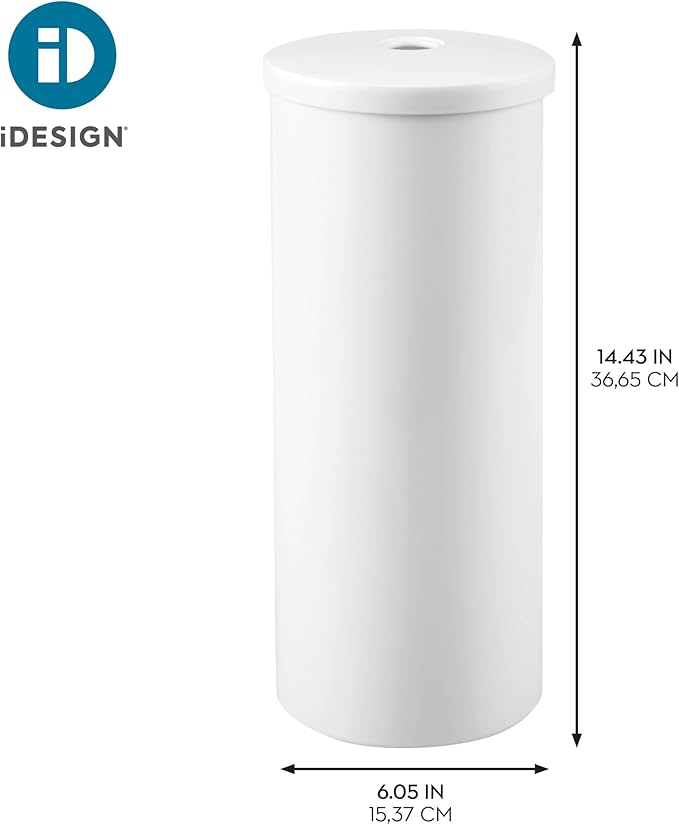 iDesign Freestanding Toilet Paper Canister with Lid for 3 Extra Rolls, White, Made in USA
